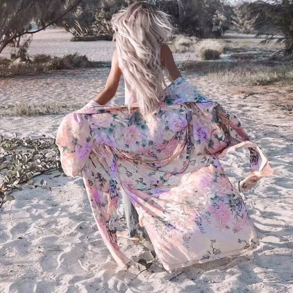 Tops - Pink Floral Lily Printed Boho Kimono Duster Robe